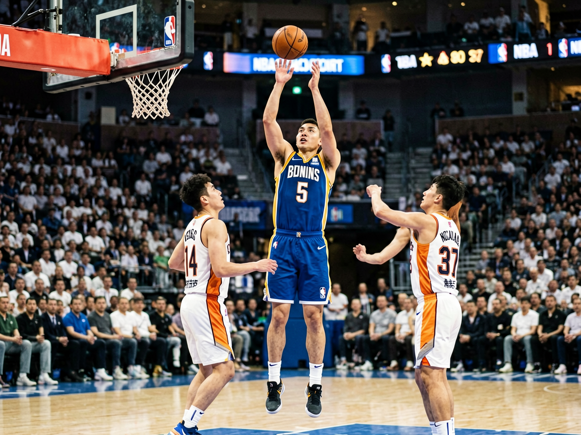 NBA常规赛现场，球员在球场上空投三分